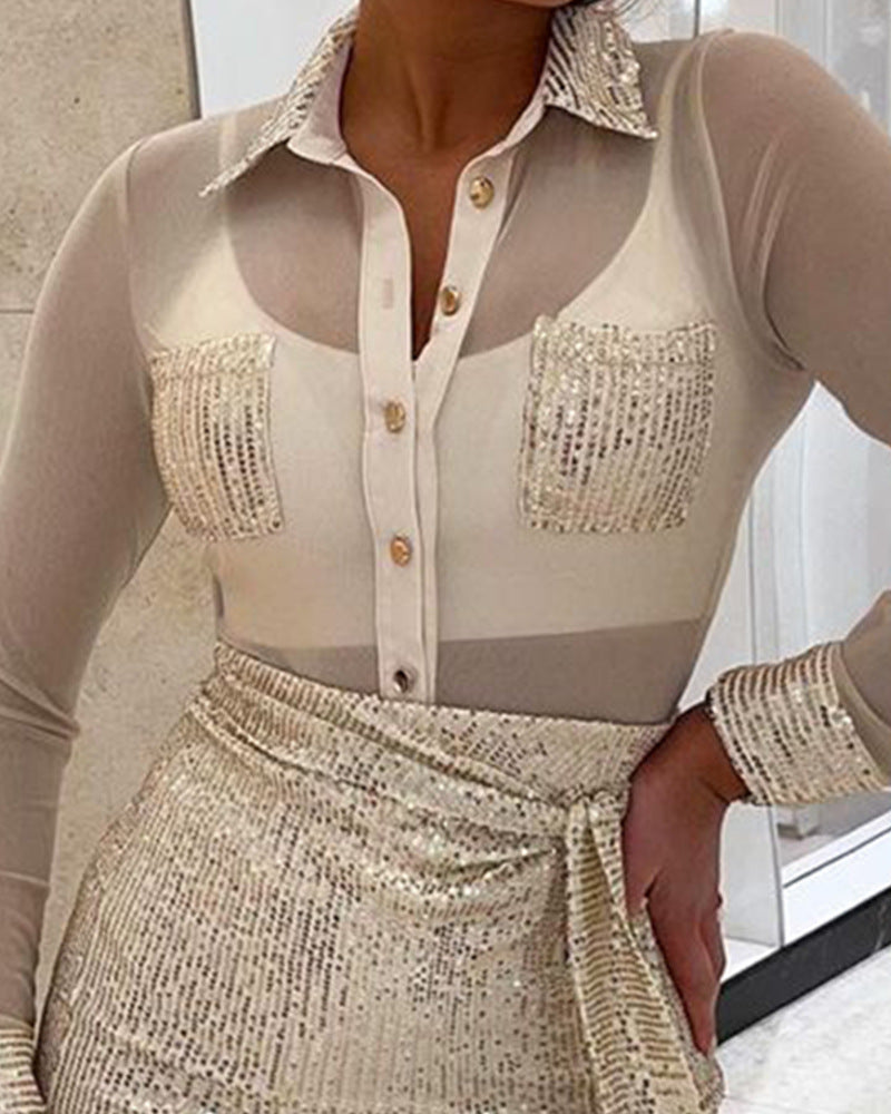 Women Mesh Splicing Sequin Dress Set