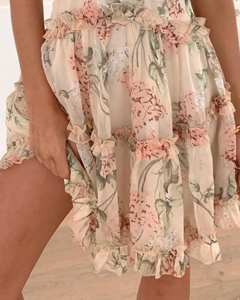Pink V Neck Floral Sling Dress