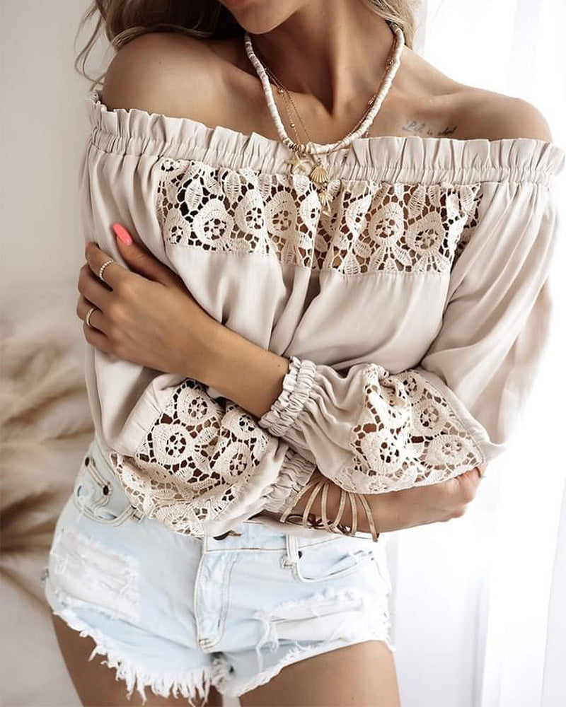 Casual Apricot Splicing Long-Sleeve Lace Top
