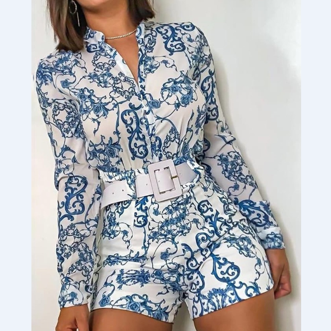 Elegant Blue Long Sleeve Printed Jumpsuit