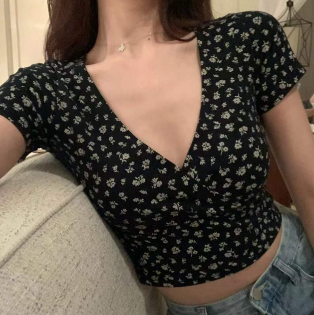Vintage Floral Cross V-Neck Slim Short Sleeve T-Shirt Top