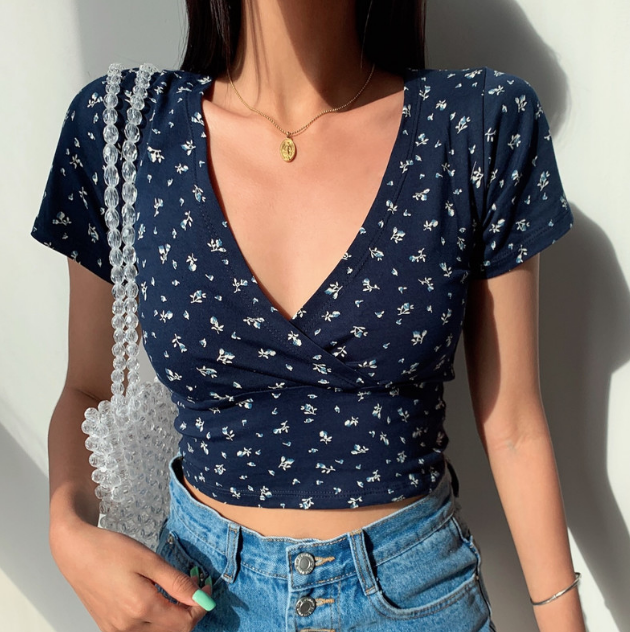 Vintage Floral Cross V-Neck Slim Short Sleeve T-Shirt Top