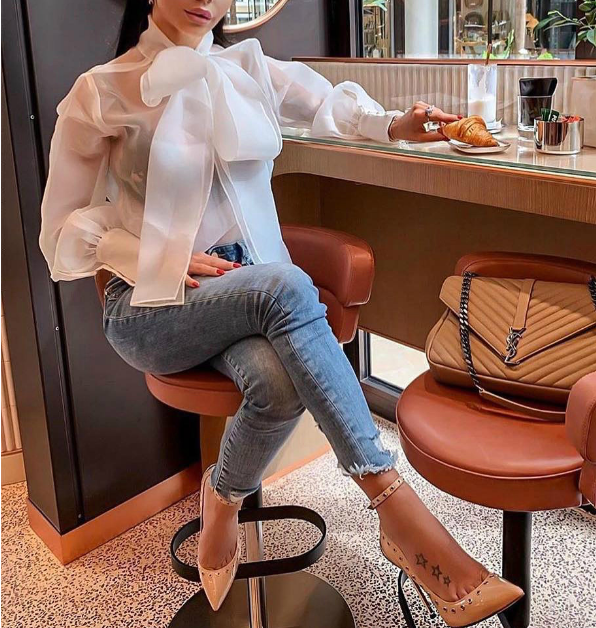 Solid Color Long-Sleeved Bow Puff Sleeve Shirt
