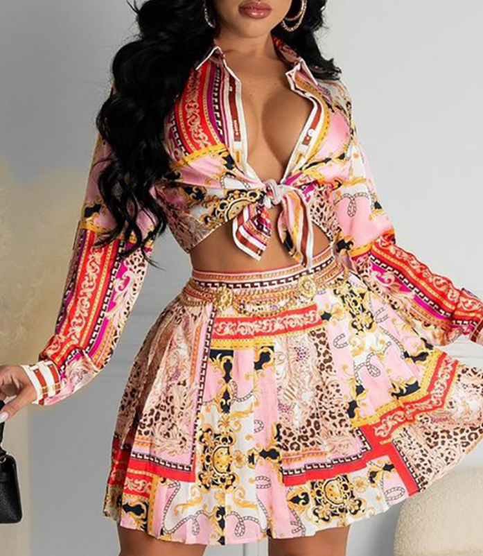 Long Sleeve Women's Pink Print Two-piece Set