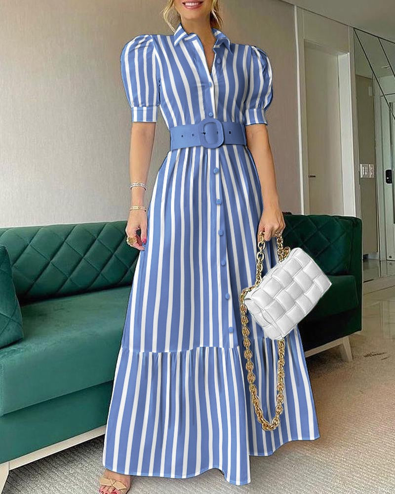 Solid Color High Waist Temperament Puff Sleeve Dress