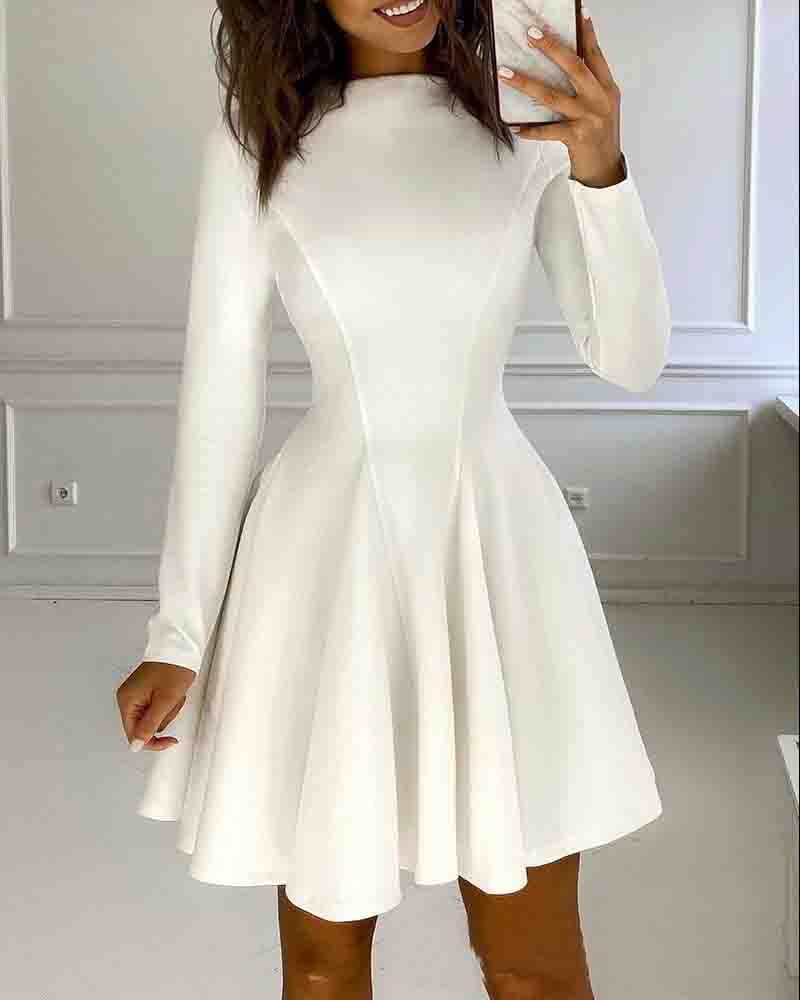 Temperament White Solid Color Women's Long Sleeve Dress