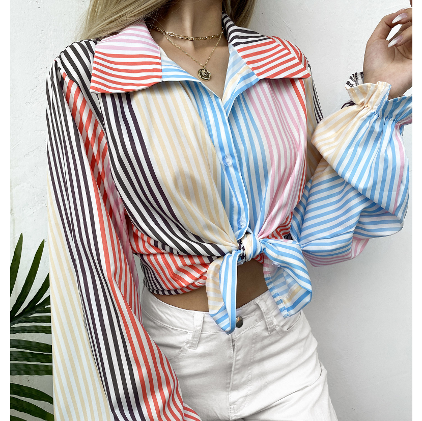 Long Sleeve Stripe Print Chiffon Blouse