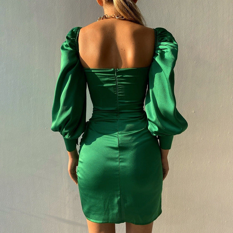 Women's High Waist Puff Sleeve Solid Color Dress
