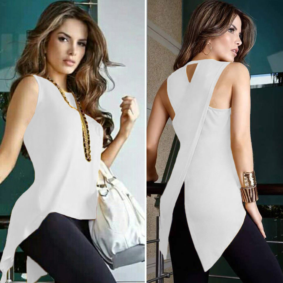 Fashion Round Neck Sleeveless Irregular T-Shirt