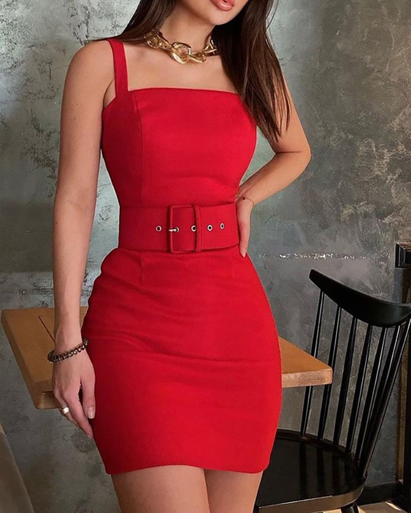 Elegant Solid Color Sling Sleeveless Dress