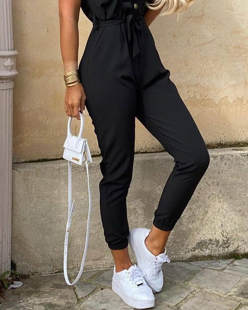 Casual Short Sleeve Black Jumpsuit