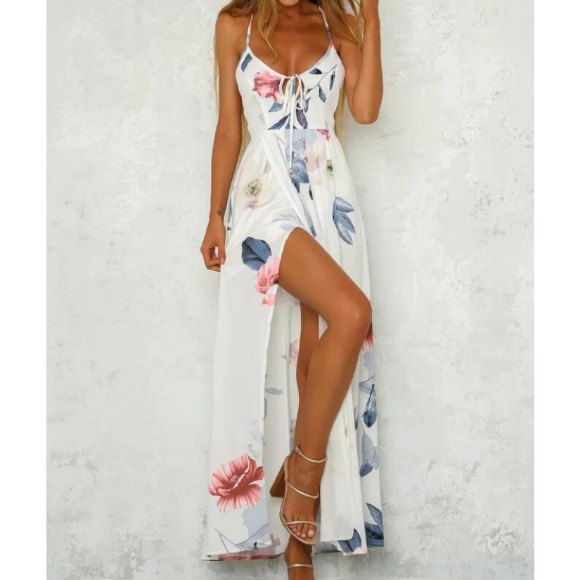 Up V-Neck Floral Print Lace Maxi Dresses