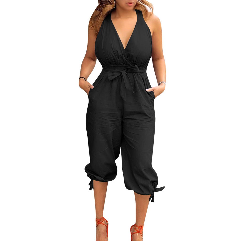 Women'S Fashion Casual Open Back V-Neck Jumpsuit