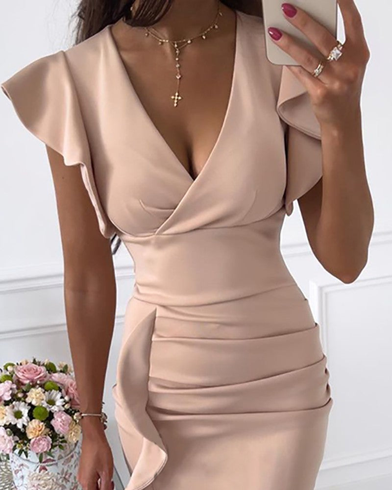 Temperament V-Neck Slim Flouncing Package Hip Dress