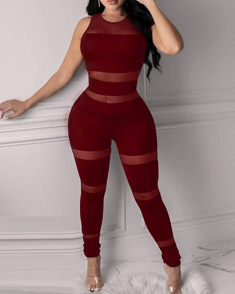 Fashion Mesh Stitching Sleeveless Jumpsuit