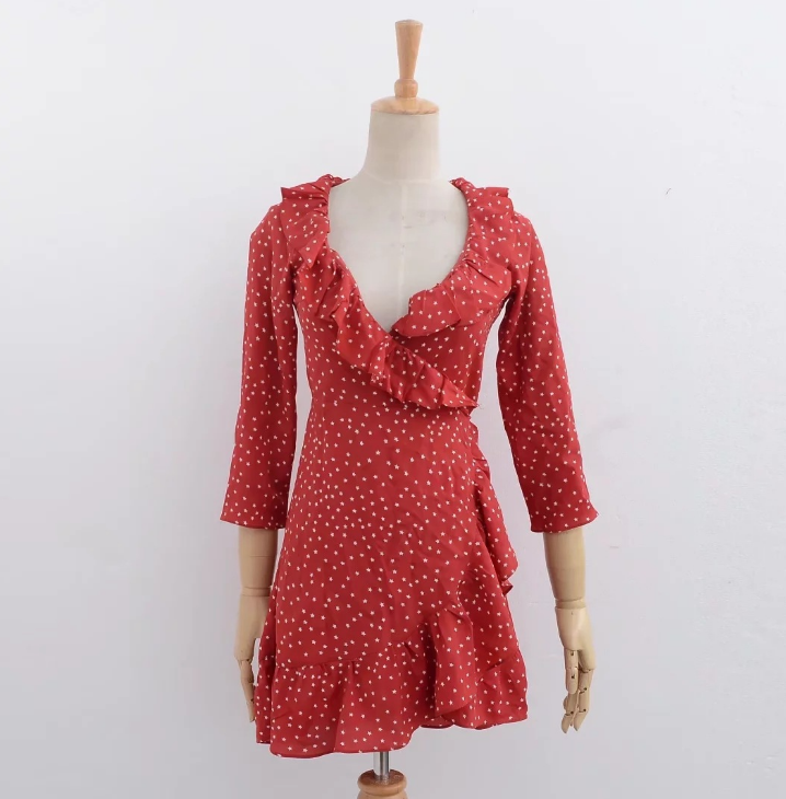 Ruffle Star Print Deep V Neck Long Sleeve Wrap Dress