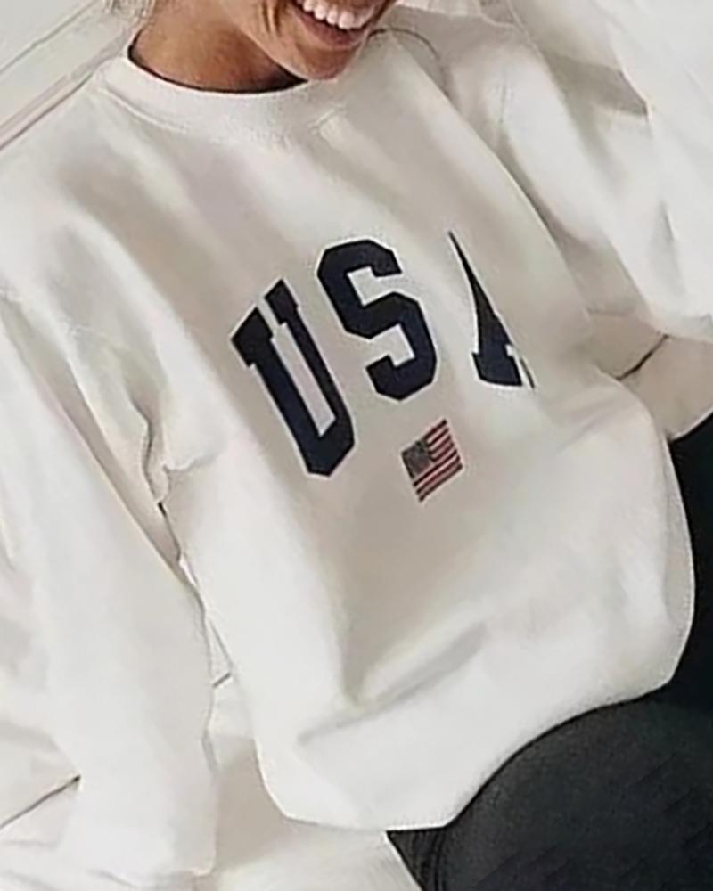 Loose Letter Print Round Neck Long Sleeve Sweater