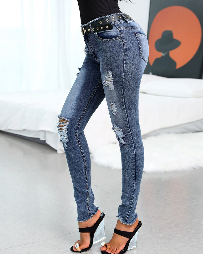 Casual Cutout Fringe Hem Jeans