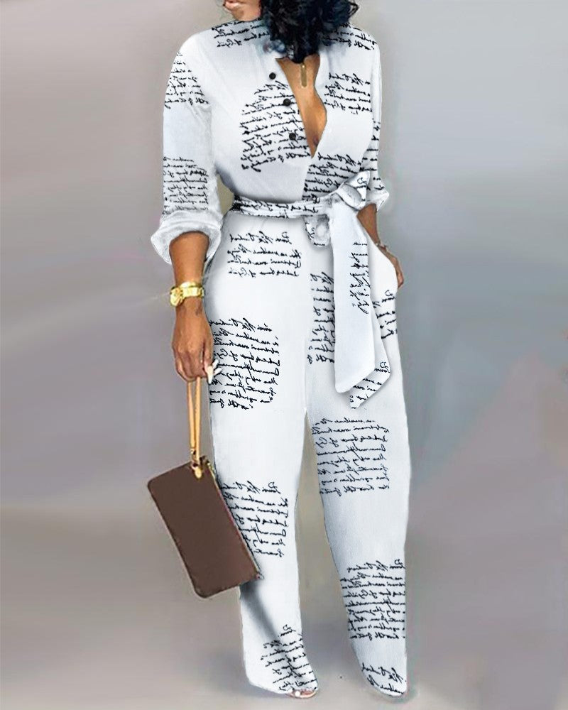 Sexy Long Sleeve Letter Print Jumpsuit