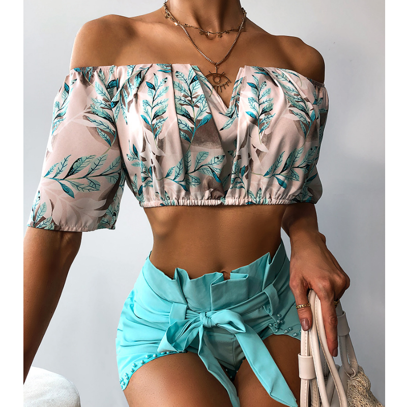 One-Shoulder Print Shorts Two-Piece Set