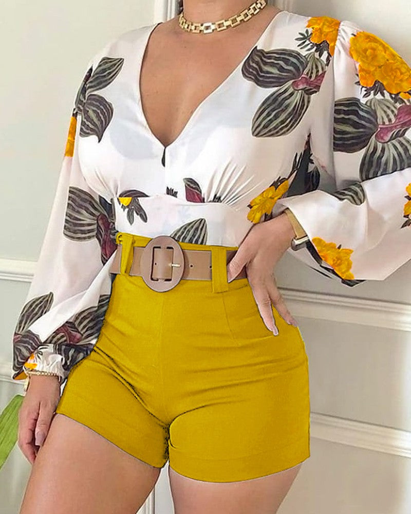 Women Floral Print Long Sleeve V-Neck Casual Two-Piece Set