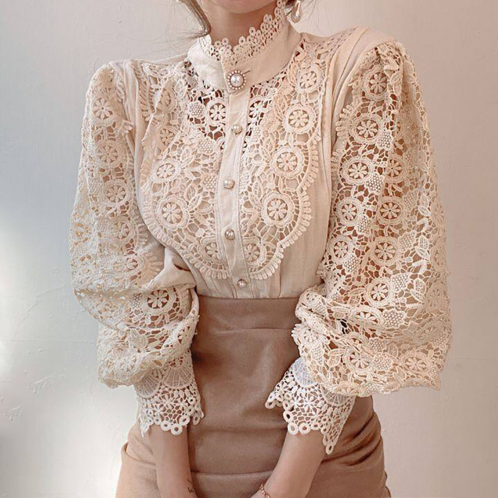 Women's Solid Color Lace Long Sleeve Shirt