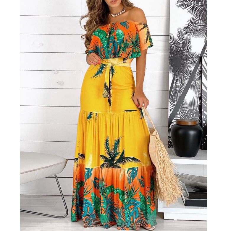 Elegant Printed Short Sleeve Casual High Waist Dress