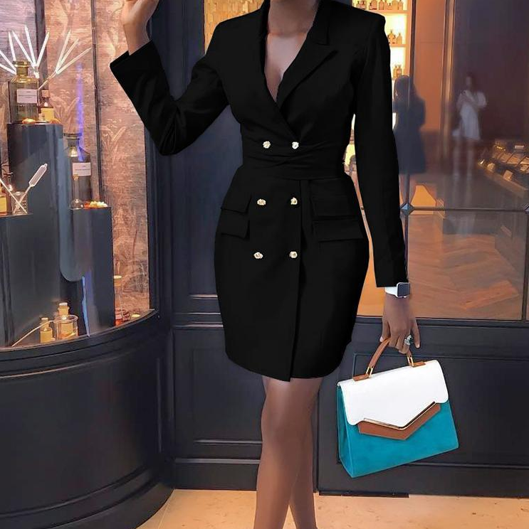 Women's V-neck Long Sleeve Double Breasted Dress