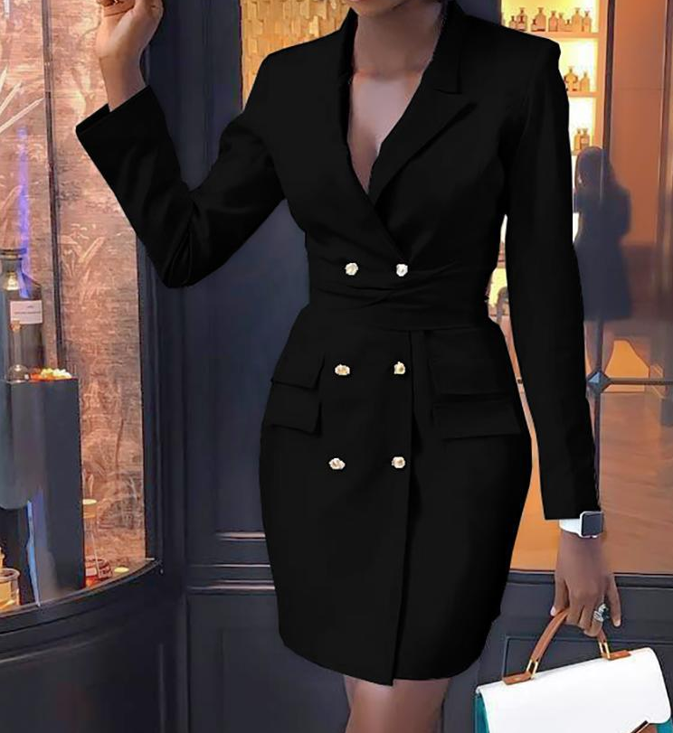 Women's V-neck Long Sleeve Double Breasted Dress