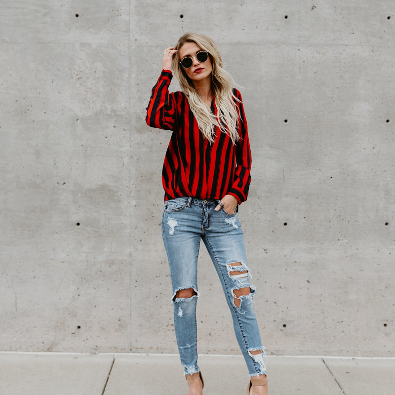 Women's Long Sleeve V-neck Striped T-Shirt