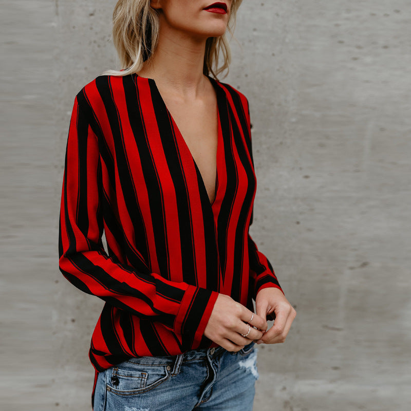 Women's Long Sleeve V-neck Striped T-Shirt