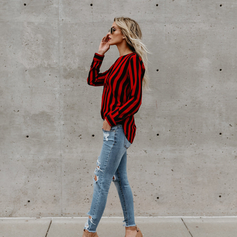 Women's Long Sleeve V-neck Striped T-Shirt