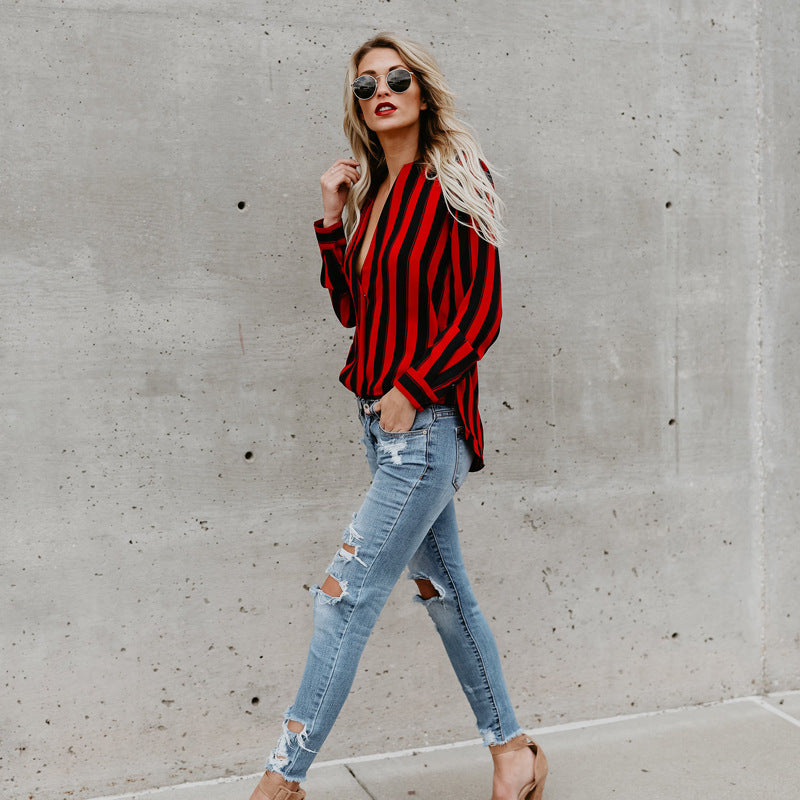 Women's Long Sleeve V-neck Striped T-Shirt