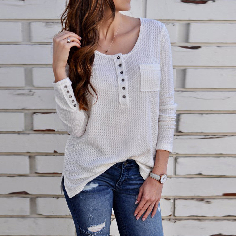 Round Neck Long Sleeve Button T-Shirt
