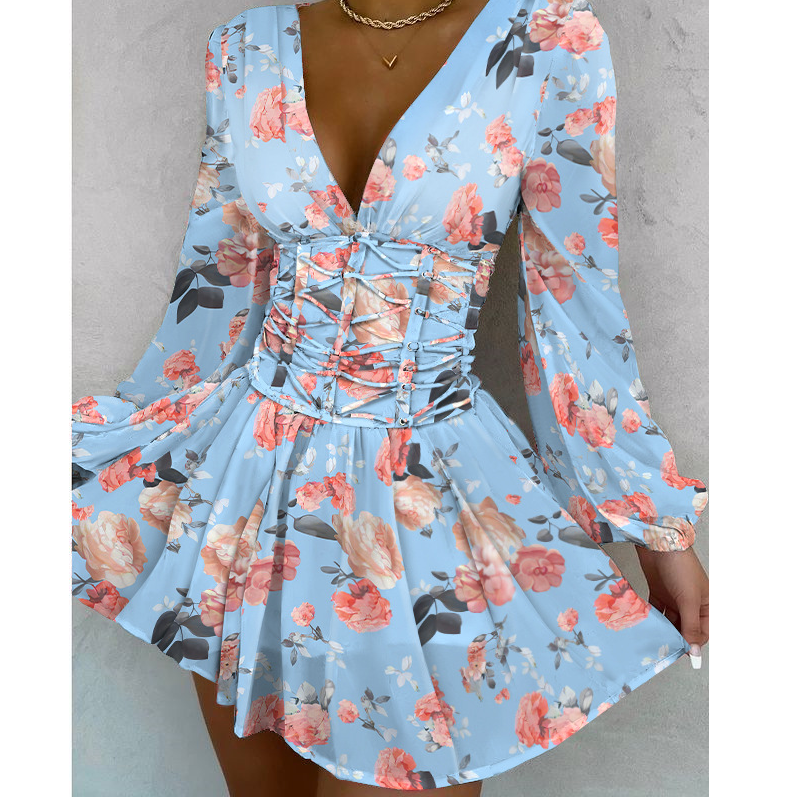 Casual Printed V-Neck Long Sleeve Dress