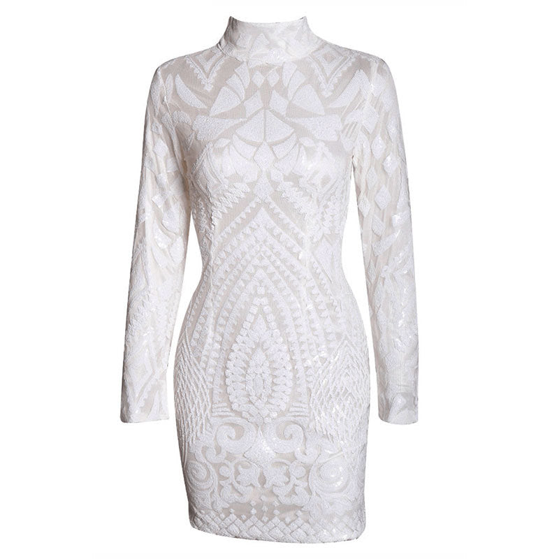 Round Neck Embroidered Sequins Long-Sleeved Dress