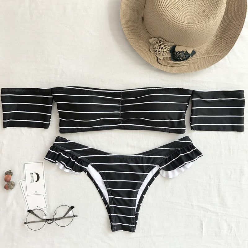 new striped bikini ladies split swimsuit with sleeves ruffled swimwear