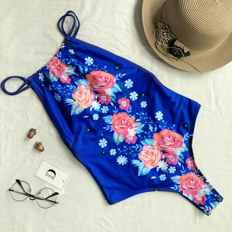 New Siamese Bikini Lady Sexy Printed Swimsuit Bandage Flower Swimsuit