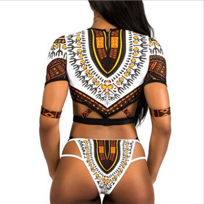 Personality Retro Ethnic Multicolor Totem Print Middle Sleeve Hollow Bandage Triangle Bikini Set Swimsuit Swimwear