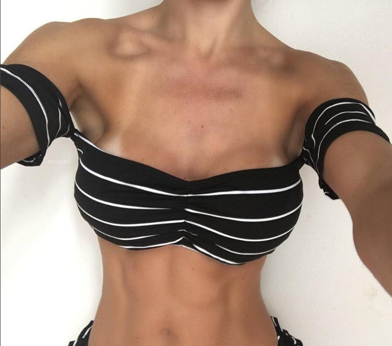 new striped bikini ladies split swimsuit with sleeves ruffled swimwear