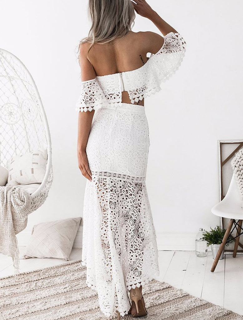 Elegant Solid Color Strapless Lace Two-Piece Dress