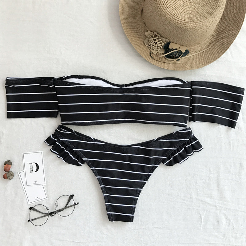 new striped bikini ladies split swimsuit with sleeves ruffled swimwear