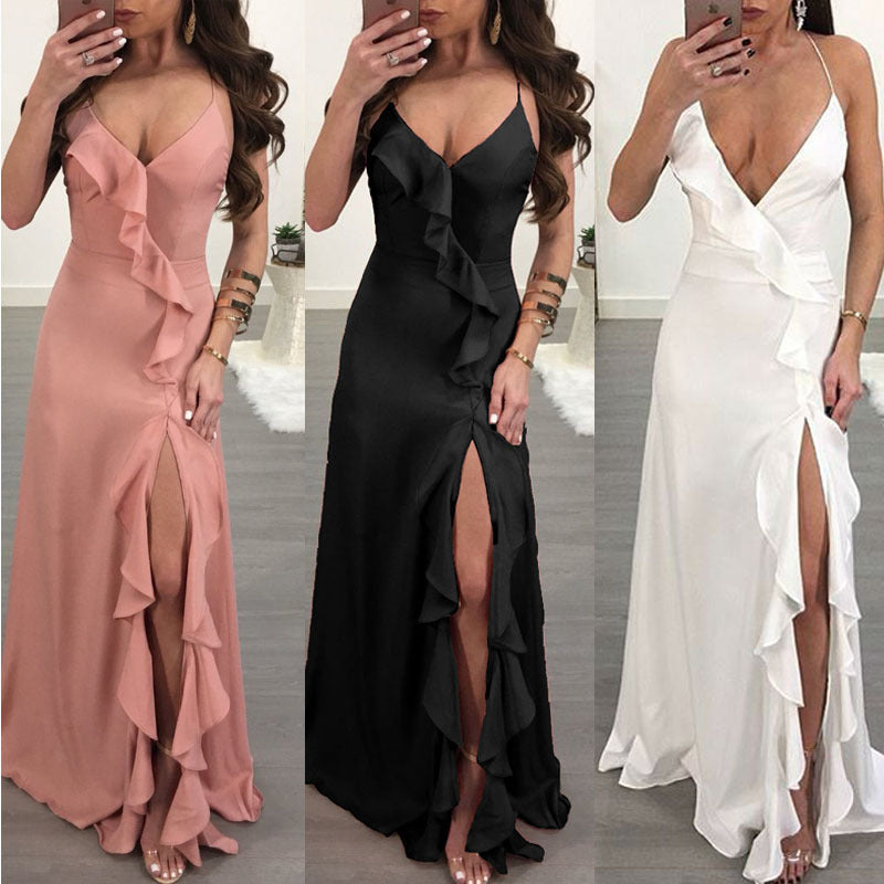 Solid Color V-Neck Halter Dress