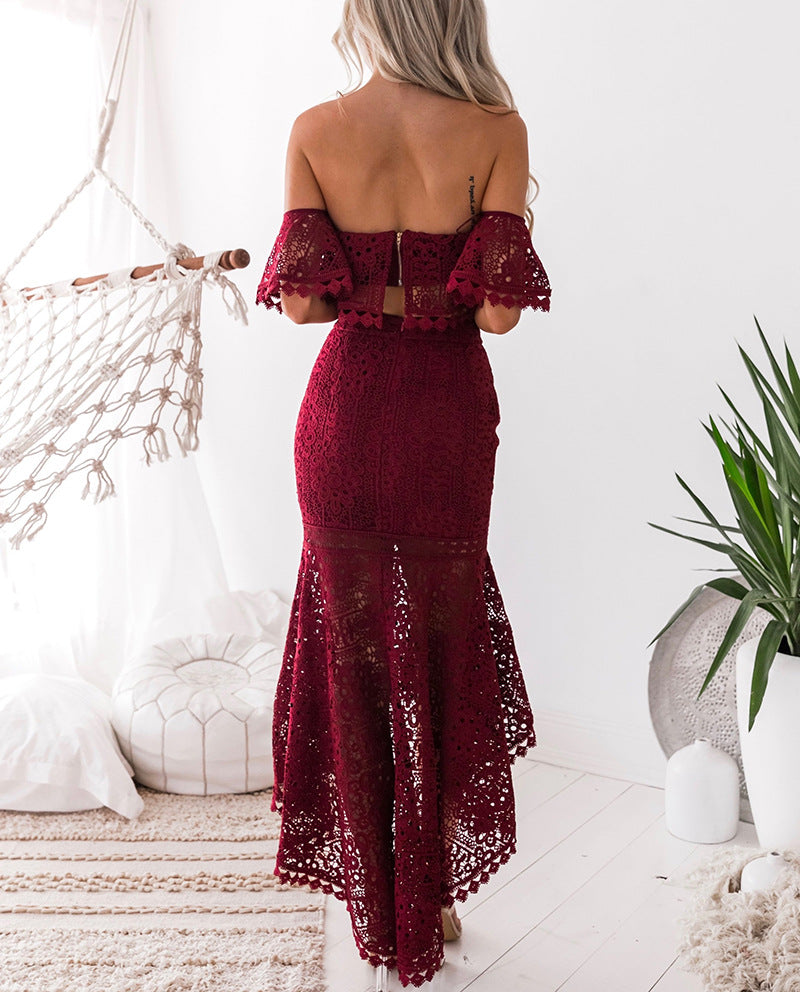 Elegant Solid Color Strapless Lace Two-Piece Dress