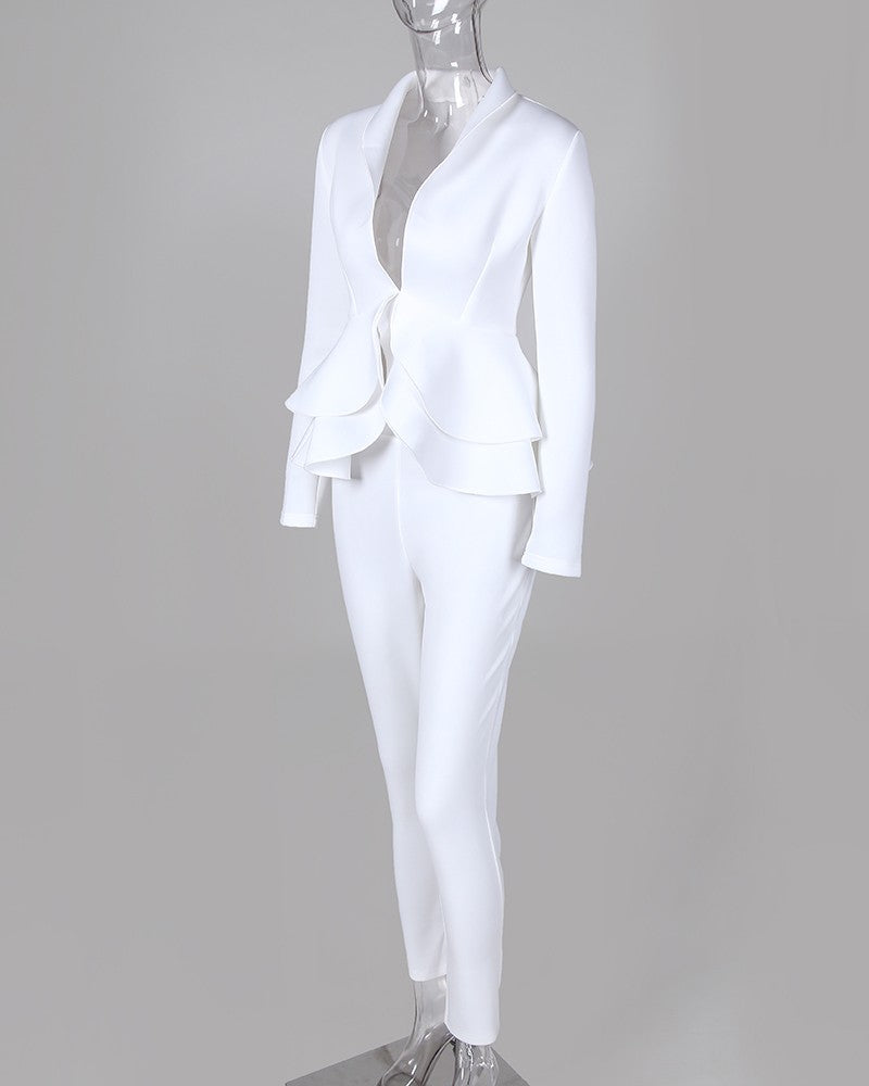 Solid Color White Flounced Long Sleeve Two-Piece Set