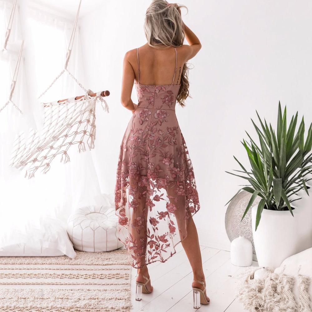 Sexy Sling Irregular Lace Stitching Dress