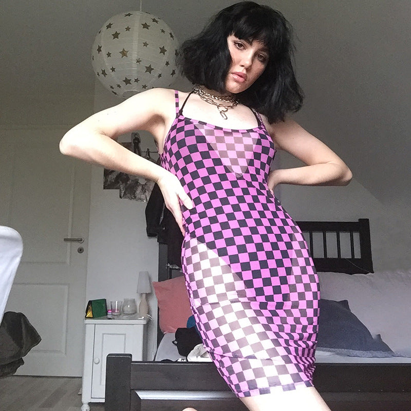 Fashion Perspective Gauze Multicolor Checkerboard Tartan Sleeveless Strap Dress