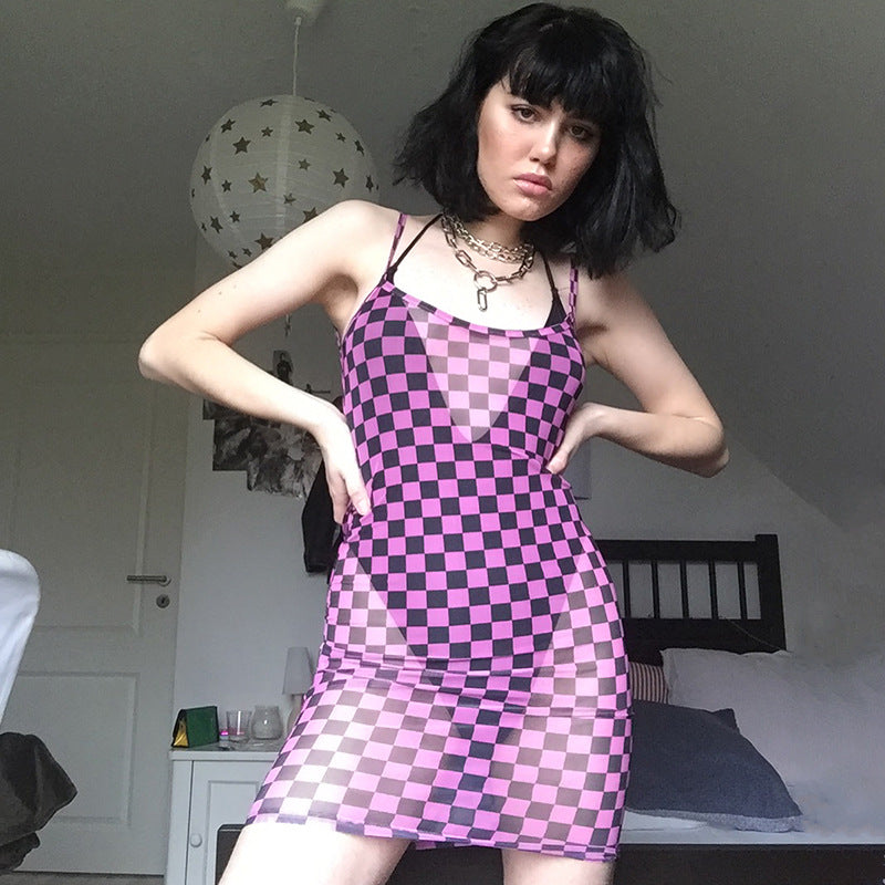 Fashion Perspective Gauze Multicolor Checkerboard Tartan Sleeveless Strap Dress