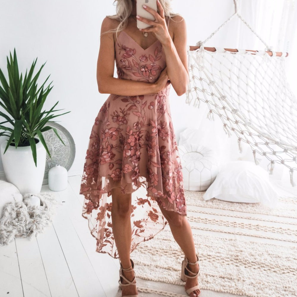 Sexy Sling Irregular Lace Stitching Dress