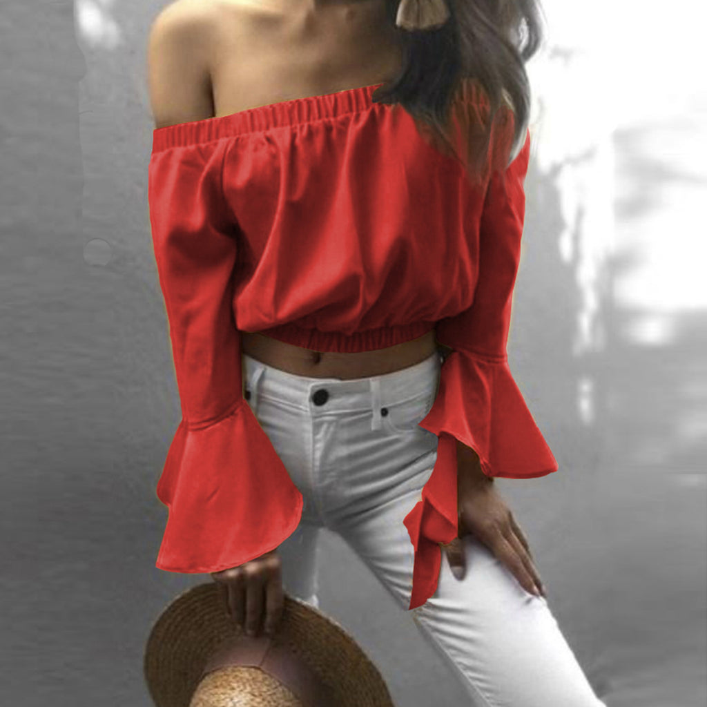 Solid Color Sexy One Word Collar Chiffon Top